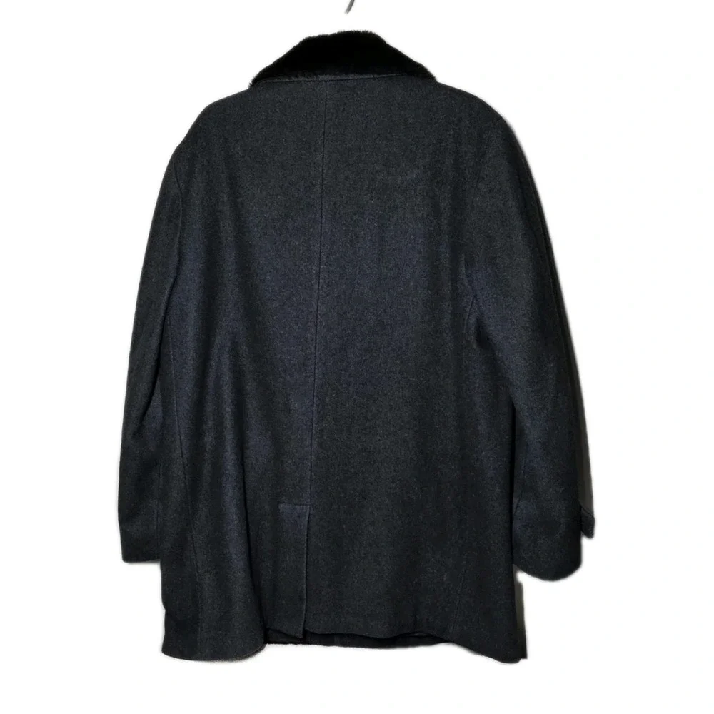 Vintage 60s BRENT Black‎ Wool Coat Faux Fur Collar 42 Leather Buttons
